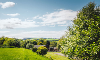 Green hills, trees and the clubhouse at Thurston Manor