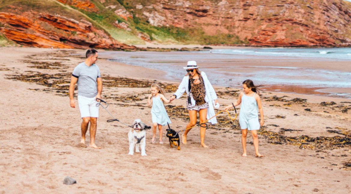 Family on beach with dog