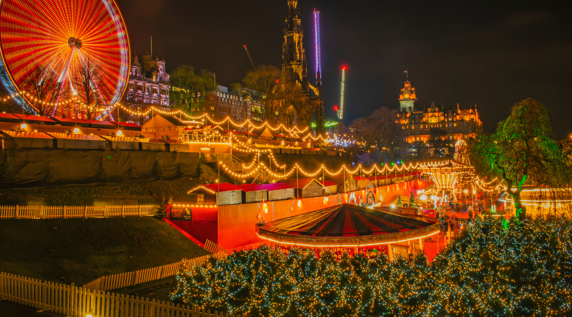 Night time lights at Edinburgh Christmas Markets activities for festive UK breaks 