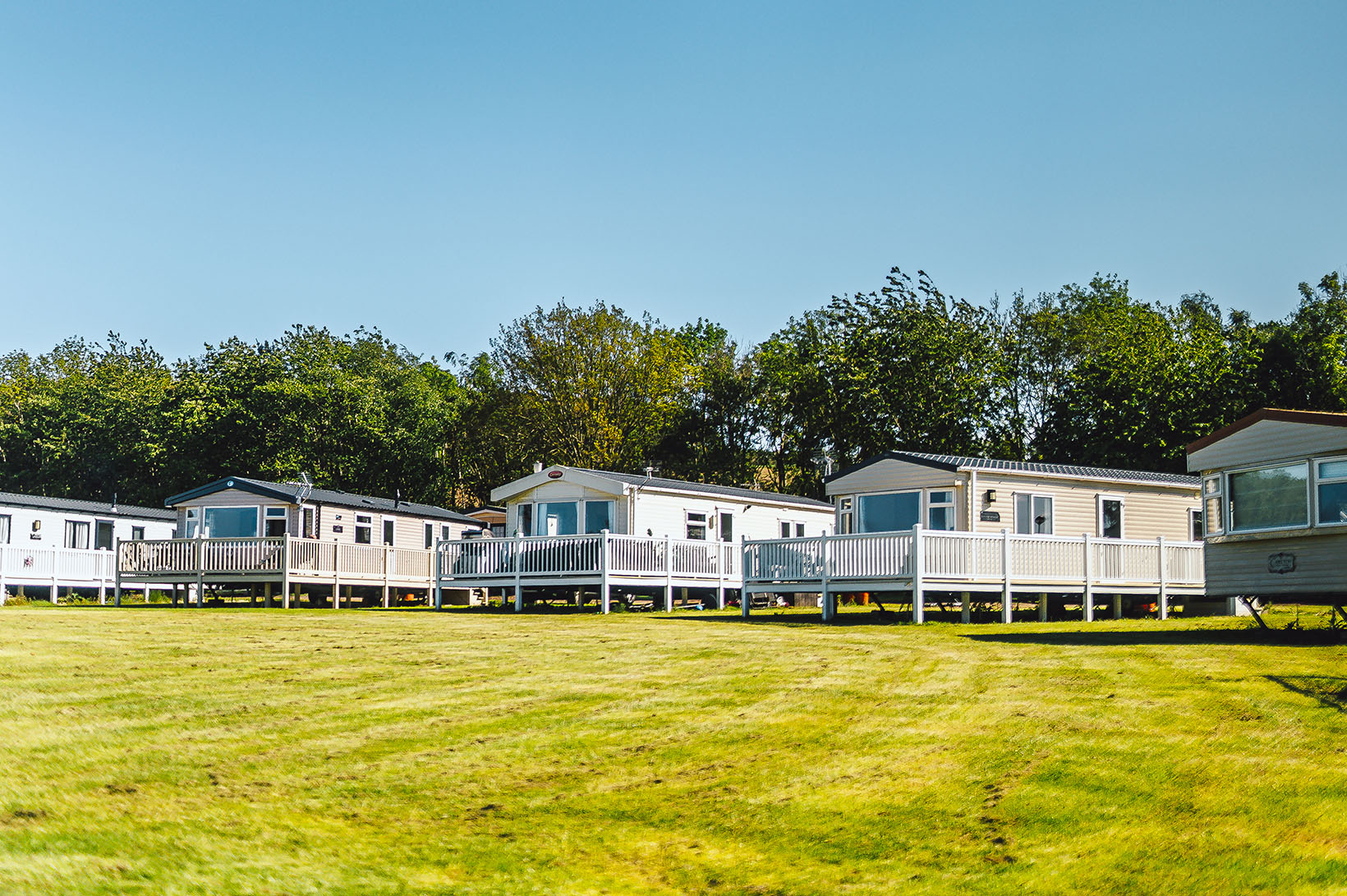 Thurston Manor caravans on grass pitches with decking and trees in the background in East Lothian 